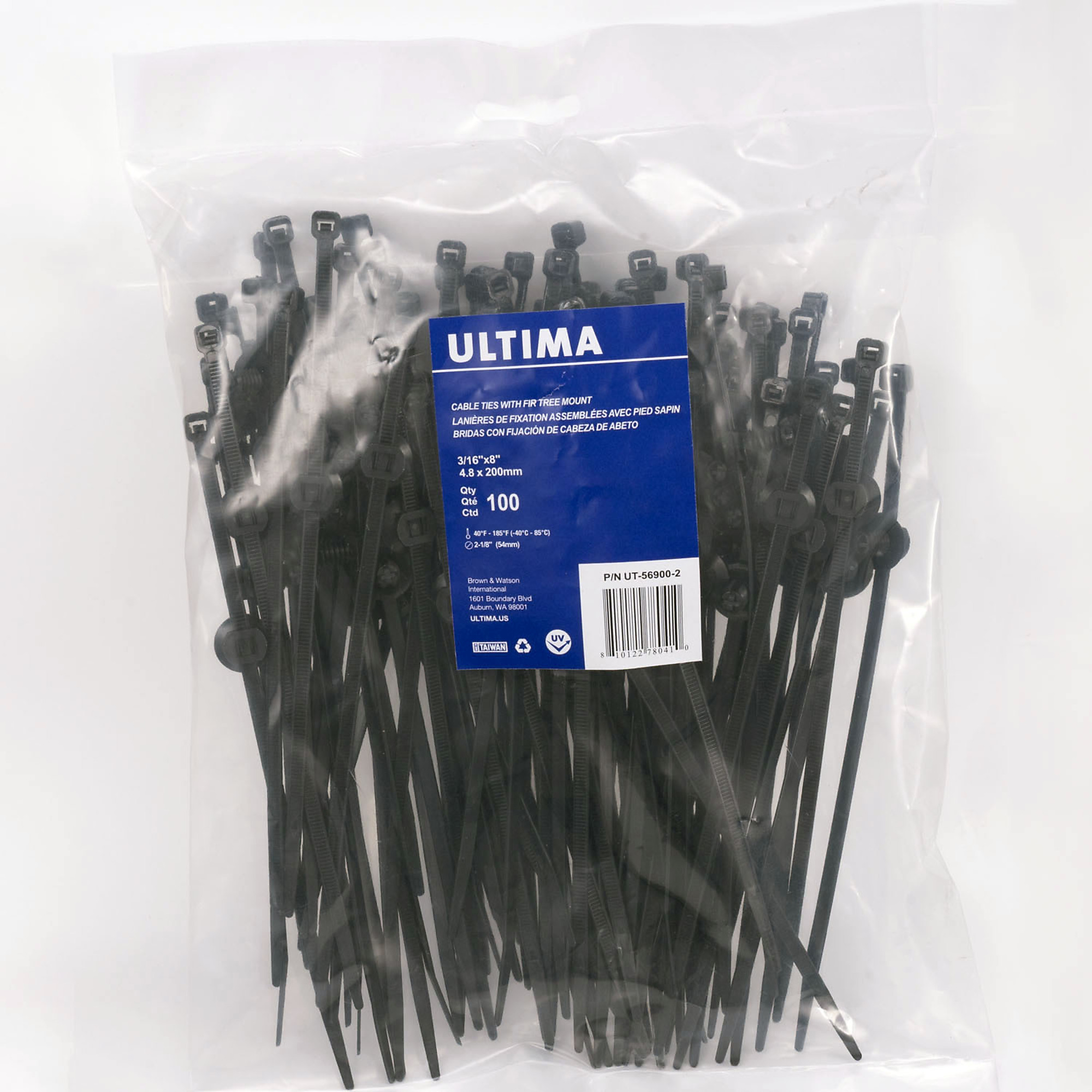 BWI, Fir Tree Mount Cable Tie 3/16x8in., Black, 100 Piece, Pieces (qty.) 100 Model# UT-56900-2